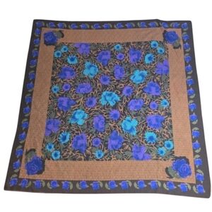 Vintage Made in Italy Blue Floral Square Scarf 46” Brown Border Italian Import